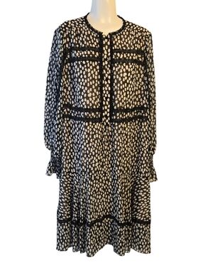 ME+EM Polka Dot Sheer Midi Dress Lace Trim Tiered Black/White Size 16